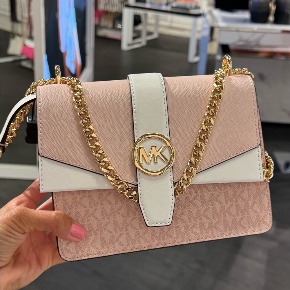 Michael Kors Pink and White Crossbody Bag with Gold Chain